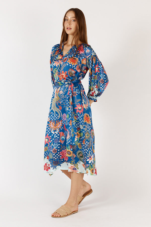 Model wearing Rubyyaya Toscana dress front view, 100% viscose satin, relaxed fit with 3/4 sleeves, self-tie belt, and side pockets, designed in Australia
